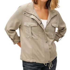 Korye Utility Jacket Size L Tan Pockets Cinch Hem Fall Tab Sleeves Hiking Safari